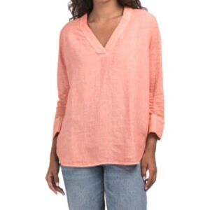 Linen Tunic Top Women’s 2X Lagenlook Relax Salmon Pop Over 3/4 Sleeve Shirt EUC
